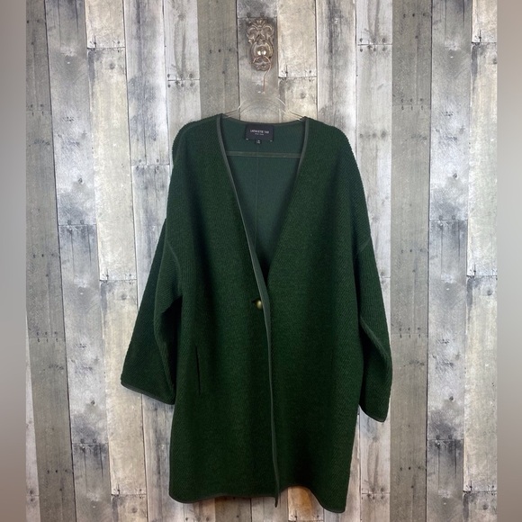 Lafayette 148 New York Wool Long Coat With Leather Trim in Hunter Green Size XL. - Picture 1 of 10
